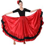 Womens Long Circle Spanish Bull Folkloric Mexican Flamenco Bomba y Plena Belly Dance Skirt Party Dancing Costume (Red)
