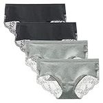 LIQQY Women's Seamless Knickers Cotton Lady Panties Midi Lace Underwear Full Coverage Brief Pack of 4 (X-Large, Black/Heather Grey)