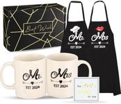 DDOFAH Mr and Mrs Est 2024 Mug and Apron Set, Wedding Engagement Anniversary Bridal Shower Gifts for Couple Mr and Mrs Smith Bride Groom Husband Wife Newlyweds Gifts