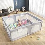 EAQ Baby Playpen, 59''*71'' Large Baby Playard,Indoor & Outdoor Kids Activity Center with Anti-Slip Base, Sturdy Safety Play Yard with Super Soft Breathable Mesh, Kid's Fence for Infants Toddlers (L, Grey)