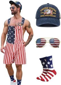 HRTELISI American Flag Overalls for Men Women, 5Psc 250th Anniversary 4th of July Coveralls Shorts Kit, USA Romper Couple, Contains Overalls, Hats, Sunglasses, Brooches and Socks