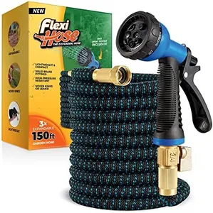 Flexi Hose with 8 Function Nozzle, Lightweight Expandable Garden Hose, No-Kink Flexibility, 3/4 Inch Solid Brass Fittings and Double Latex Core