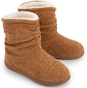 LongBay Women's Chenille Knit Bootie Slippers Cute Plush Fleece Memory Foam House Shoes (Medium / 7-8 B(M), Camel)