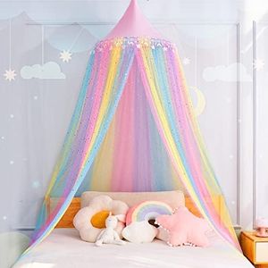 Rainbow Bed Canopy for Girls,Shiny Kids Princess Round Dome Bed Curtain with Star Moon Glitter,Kids Crib Canopy Play Tent Canopy Dreamy Bed Netting for Girls Bedroom Decor Children Reading Corners