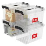 Cetomo 20L*4 Storage Boxes, Carry Plastic Storage Box with Lids, Organizing Container with Handle and Secure Latching Buckles, Stackable, Nestable, Tote Bin for Home Office Clothes, 20L-4Pack, Clear