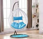 BRIGHT FURNITURE Rattan Wicker Single Seater Hanging Hammock Swing Chair with Stand, Sky Blue Cushion (White)