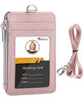 Teskyer Leather Badge Holder with Lanyard,1 Clear ID Window and 3 Card Slots with Secure Snap Button Cover, 1 Zipper Wallet Pocket,1 Durable Nylon Lanyard for Offices ID,School ID, Credit Cards