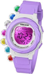 SOCICO Kids Digital Watches for Girls Boys, Waterproof 5ATM, 7 Color Lights Waterproof Watches for Kid with Alarm Stopwatch, Soft Band Wrist Watch Christmas Gifts for Kids Ages 5-12. (Purple)