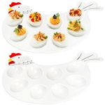 Hedume 2 Pack Deviled Egg Platter Tray, Ceramic Hen Modelling 8-Cup Egg Dish, Easter Egg Tray, Deviled Egg Plate for Kitchen Refrigerator Countertop Display