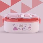 Attro Happy Meal Lunch Box Comes with 2 Spoon, Stylish Anti Spill Lid & 10 Colour Ball Pen Outer Plastic & Inner Steel Stylish & Functional Unicorn Theme Lunch Box for Kids - 700ml Unicorn White