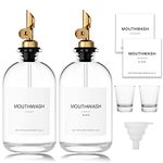 Glass Mouthwash Dispenser for Bathroom (2 Pack) - Mouthwash Container with 304 Stainless Steel Spout & Minimalist Labels, Stylish Bottle for Bathroom Organization, 12.7 oz, Gold