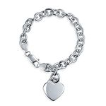 Personalized Substantial Solid Link Heart Shape Tag Charm Bracelet 8 Inch For Women Teens .925 Sterling Silver Made in Italy Customizable