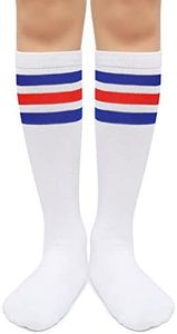 Henwarry Kids Over the Calf Tube Socks Classical Stripes Cotton Soft Athletic Socks for Boys Girls (US, Alpha, Medium, Regular, A03-Blue/Red/White)