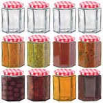 HEFTMAN Small Glass Jars with Lids - 12 Pack Airtight 250ml Jam Jars with Red Gingham Lids for Use as Pickling Jars, Glass Jars for Candle Making, Preserving Jars - Hexagonal Small Jars (Empty)