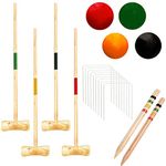 Croquet Set for 4 Player with 4 Pine Wooden Mallets, 4 Colored Ball, 2 Wickets, Stakes - Backyard Garden Game for Adults, Family & Friends