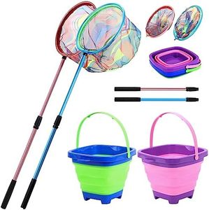 Kids Fishing Net, 2 Pack Telescopic Landing Nets with Aluminum Pole Handle, Collapsible Kids Bucket Sand Pail, Butterfly Net for Kids, Fishing Net for Kids Youth, Outdoor Playing