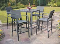 Garden Store Direct GSD Sydney Aluminium Dining Sets w/Textured Glass Table Tops, Paded Weatherproof Textilene Stacking Chairs (Sydney Bar Set)