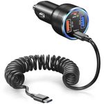 USB C Car Charger, 65W 4-Fast Port Dual 12V USB-C & USB-A Car Phone Charger PD&QC3.0 Super Fast Car Cigarette Lighter Adapter for iPhone 16 15 Pro Max Plus iPad, Samsung S24/S23 Ultra+5ft Type C Cable