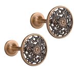 Lewondr Curtain Holdbacks, Set of 2 Wall Mounted Draperies Hooks Antique Engraved Floral Plate Vintage Retro Decorative Metal Hangers for Home Living Room Bathroom Closet - Copper