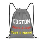 Personalised Drawstring Bag Custom Drawstring Backpack with Your Own Photo/Logo/Text/Name, Design Drawstring Gym Swimming Yoga Bag for Kids Women Men, Customised Knapsack for Sports Business, Grey, S