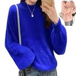 Nearflying Lady Winter Angora Cashmere Blend Loose Warm Sweater, Solid Color Crewneck Knit Pullover Fluffy Sweater (Blue,One Size)