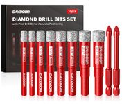 DAYDOOR 10-Piece Vacuum Brazed Diamond Drill Bits Set for Porcelain Ceramic Granite Marble Stone Glass,1/4" 5/16" 3/8" 1/2" Diamond Hole Saw, Pilot Drill Bit, Built-in Cooling Wax, Round Shank