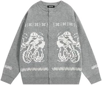 Vamtac Oversized Cardigan Fair Isle Motorcycle Graphic Fall Sweaters Y2k Unisex Soft Vintage Knit Sweater Trendy Tops, Grey, Medium