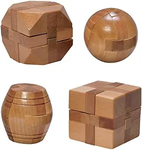 Mini Wood Brain Teaser Set of Four-Classic Designed Light Wood Stain - Wooden Brainteaser Puzzles & Fun Gifts