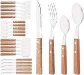 Silver Flatware Set with Natural Wood Handle, 24 PCS Silverware Set for 6, Premium 18/8 (304) Stainless Steel Cutlery Set, Forks Spoons and Knives Set for Home/Camping/Travel, Mirror Finish