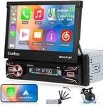 [2+64G] NHOPEEW 7 Inch Automatic Single Din Flip Out Touchscreen Car Stereo - Android 13 Car Radio with Wireless Carplay and Android Auto - WiFi/GPS/Mirror Link/SWC + AHD Backup Camera