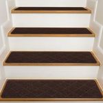 7 Pack 8 x 30 Inch Non-Skid Wooden Step Treads Stair Treads for Kids, Elderly and Dogs, Polyester Surface TPE Backing, Brown