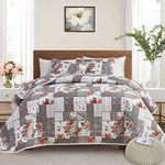 Floral Patchwork Quilt Set 3 Pieces Full/Queen Size, Grey Plaid Reversible Bedspread Coverlet Set, Soft Microfiber Lightweight Bed Cover for All Season (90" x 90", 1 Quilt+ 2 Pillow Shams)