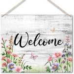 Welcome Sign, Floral Butterfly Welcome Wooden Hanging Plaque Sign, Housewarming Gifts for Coworker Friends, Wood Sign for Front Door Decorations Hanging, Wall Hanging Plaque Decor for Porch -Mu10