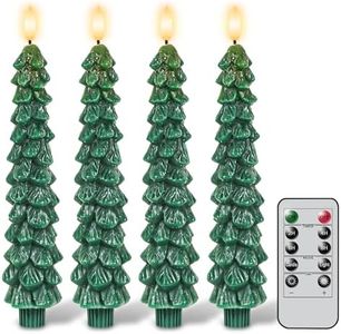 GenSwin Christmas Tree Flameless Taper Candles with Remote Timer, Christmas LED Taper Candles with 3D Flame, 4 Pcs Green LED Candlesticks for Christmas Home Decoration(0.78” x 9.8”)