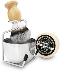 KIKC 4 in 1 Shaving Set for Wet Shave, Kit includes Hand Crafted Shaving Brush with Synthetic Hair Bristle, Stainless Steel Soap Bowl, Shaver Brush Stand, Shaving Soap, Best Gift for Bearded Men