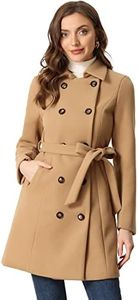 Allegra K Winter Coat for Women's Peter Pan Collar Double Breasted Slant Pocket Button Down Belted Pea Coats Khaki X-Small