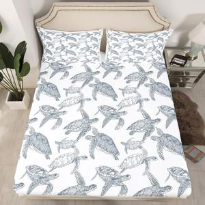 Erosebridal Tortoise Fitted Sheet for Kids Boys Girls Sea Turtle Bedding Set Ocean Life Animal Sheet Set Queen Size Underwater Oasis Bed Sheet for Teens Adult, Grey with 2 Pillow Cases(No Top Sheet)
