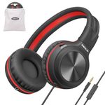 SIMOLIO Kids Wired Headphones with Microphone, Boys Headphone with Volume Limiter & Share Jack, Foldable Portable Over Ear Headset for School Travel Airplane Children Teens Adults Black