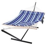 SUNCREAT Hammock Double Hammock with Stand, Two Person Cotton Rope Hammock, Blue Stripe