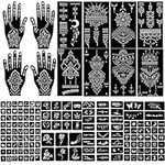 QSTOHENA 16 Sheets Henna Temporary Tattoo Stencil Kit - 145Pcs Glitter Airbrush Tattoo Sticker Indian Arabian Black Henna Tattoo Temp for Women Kids