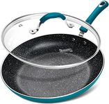 MICHELANGELO 30cm Frying Pan, Non Stick Frying Pan with Lid 30cm, Large Frying Pan with Soft Grip Handle, 30cm Enameled Frying Pan with Stone Nonstick Coating, Blue