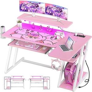 armocity Pink Gaming Desk with Power Outlets and LED Lights, Reversible L Shaped Gaming Desk with Shelves, 47"