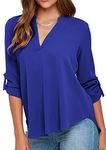 OMZIN Women's Summer Loose Plain Blouse Shirt Plus Size Tunic V Neck Top Long Sleeve Top Blue 3XL