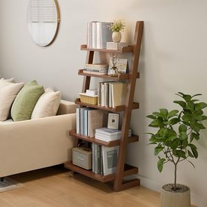 AQIMUELE Wooden Ladder Shelf, Ladder Bookshelf, Short Ladder Shelf with Stable Structure, Leaning Bookshelf Ladder for Living Room, Bedroom, Home Office, 55.1" H (Walnut)