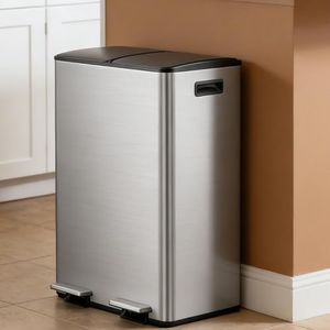 AOBOSI 60L Stainless Steel Dual Bin with Lid for Kitchen, Large Recycling Dual Kitchen bin Combo, Step-on Rubbish bin, PP Inner Buckets and Sorting Stickers