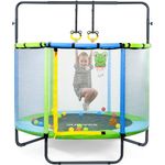 Pukomc Toddler Trampoline for Kids - 5ft Trampoline for Age 1-8 Kids, Small Indoor/Outdoor Baby Trampoline with Enclosure Net,Basketaball Hoop, Foam Pole Covers, Adjustable Gymnastics Bars