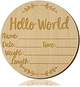 Baby Announcement Sign, 5.9 inch Hello World Newborn Sign Round Wooden Milestone Baby Nursery Name Birth Signs for Hospital and Pregnancy Announcements