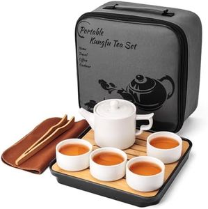 White Mini Travel Kung Fu Tea Pot Cup Set with Tray - Portable Chinese Ceramic Porcelain Teapot Infuser Bag All in One for Business Hotel Outdoor Picnic