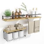 DifferTemp Bathroom Shelf Over Toilet Wall Mounted, Floating Shelves with Towel Rack & Wire Basket, Wall Shelf for Kitchen, Laundry Room, Bathroom Storage & Decor (Light Brown)