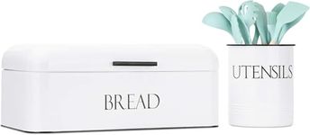 Outshine Vintage Metal Bread Box & Kitchen Utensil Holder Set, White | Large Bread Box w/Swing Up Lid | Farmhouse Bread Box & Utensil Holder for Countertop | Kitchen Decor | Housewarming Gift